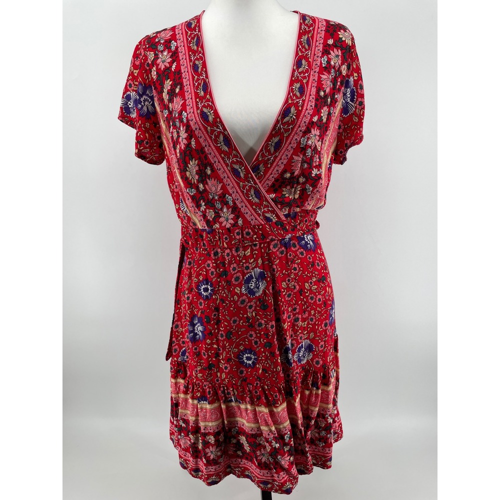 Floral Mini Dress Womens Medium Red Western Boho Cottagecore Boho Ruffle Wrap - Picture 2 of 8